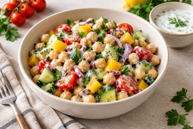 Salată de năut cu legume și dressing de iaurt